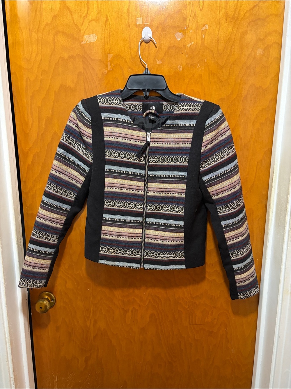 H&M Black Cropped Blazer with Multicolor Stripe Detail